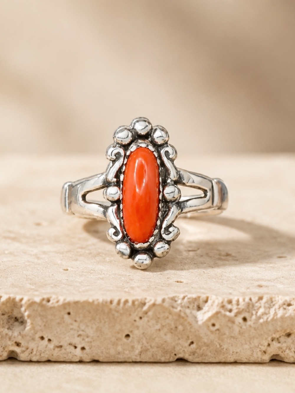 Sterling-Silver Ring with a nice size Coral Cabochon Stone